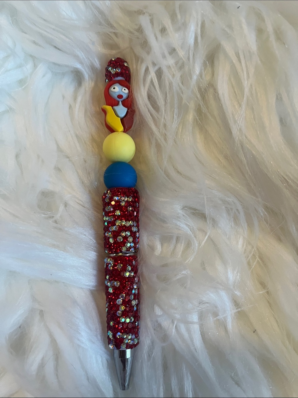 Red Sparkle Kids Novelty Pen with Yellow & Blue Beads